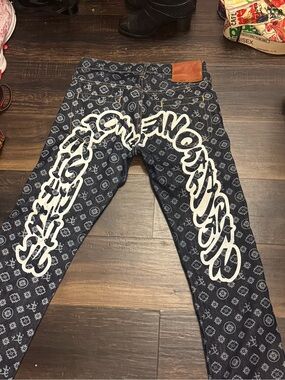 Evisu  Dark Blue Patterned Jeans with White Graphic